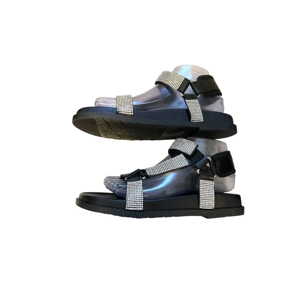Azalea Wang Black Rhinestone‎ Embellished Flat Sandals Velcro Straps SZ 8  (#4)